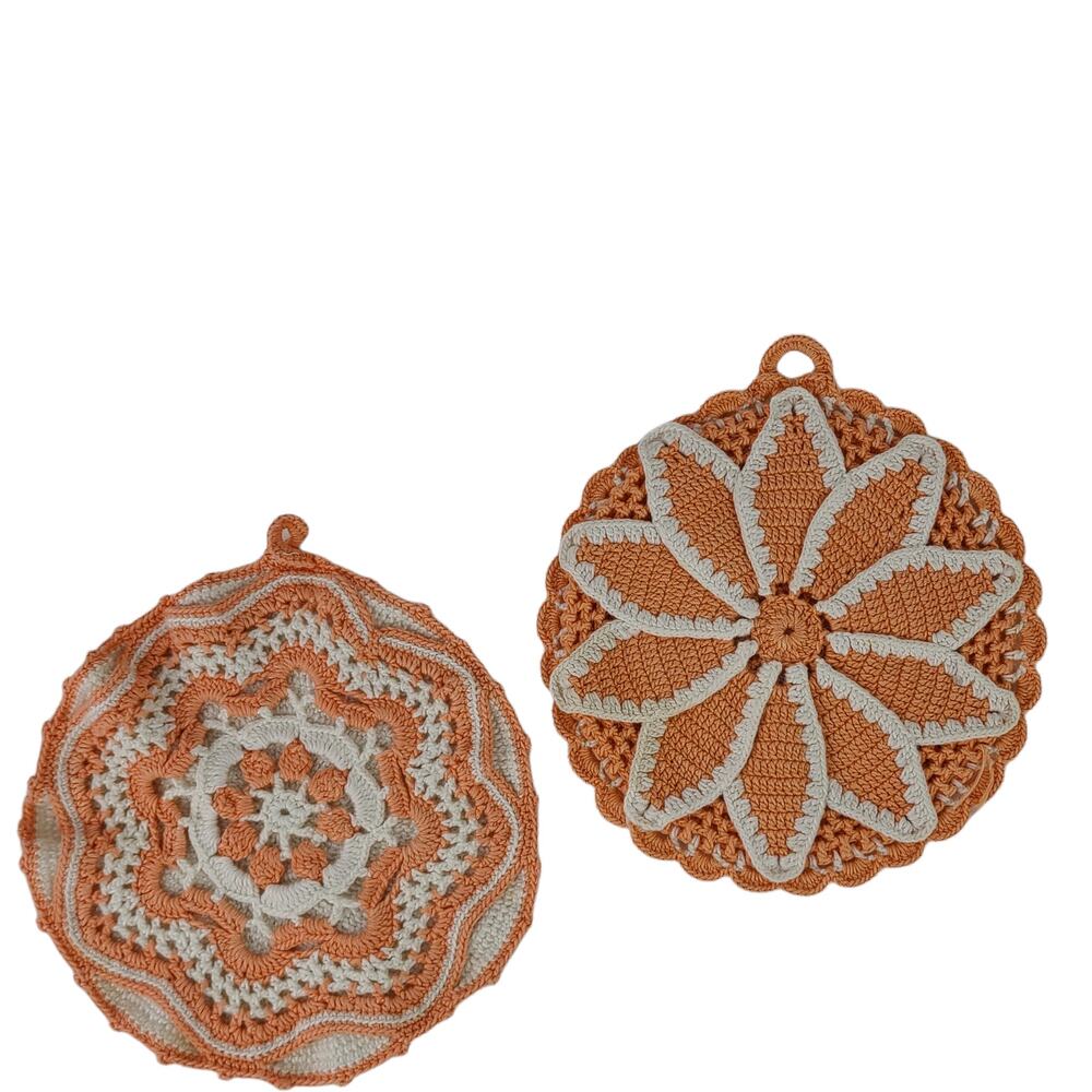 Vintage lot of two crocheted peach potholders, guc